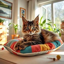 A cute, fluffy cat lounging on a soft, colorful cushion in a sunlit living room