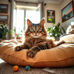 A cute, fluffy cat lounging on a soft, colorful cushion in a sunlit living room