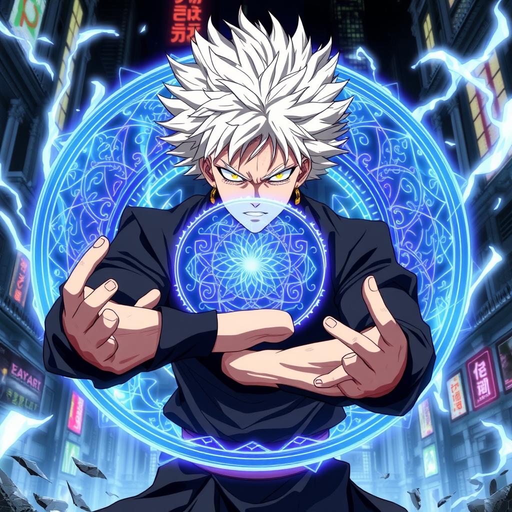 An anime accurate depiction of Satoru Gojo from Jujutsu Kaisen, intensely focused as he activates his domain expansion