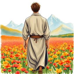 An artistic book cover illustration in crayon style, showcasing a figure of a man from behind, gently walking away through a vibrant field of fire lilies