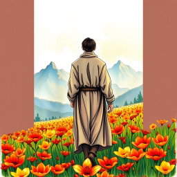 An artistic book cover illustration in crayon style, showcasing a figure of a man from behind, gently walking away through a vibrant field of fire lilies