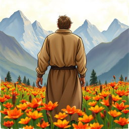 An artistic book cover illustration in crayon style, showcasing a figure of a man from behind, gently walking away through a vibrant field of fire lilies