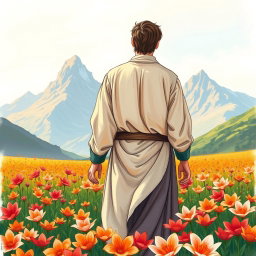 An artistic book cover illustration in crayon style, showcasing a figure of a man from behind, gently walking away through a vibrant field of fire lilies