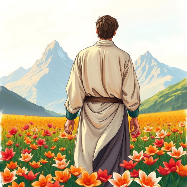 An artistic book cover illustration in crayon style, showcasing a figure of a man from behind, gently walking away through a vibrant field of fire lilies