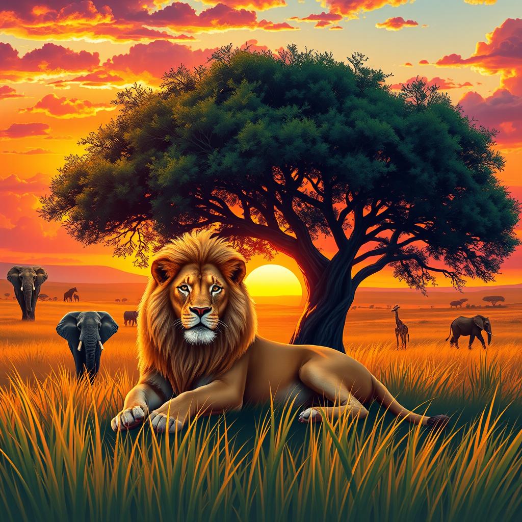 A vibrant and colorful illustration of a majestic lion resting under a large, green acacia tree in the African savanna at sunset