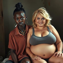 In a poor room, a young African woman, who is short, malnourished, and 20 years old with very dark skin and an angry expression, is wearing a loose men's gangster polo shirt