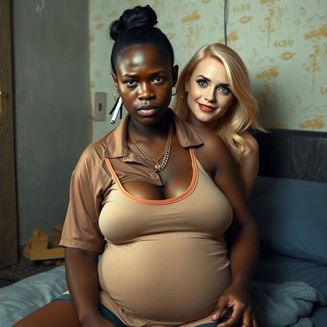 In a poor room, a young African woman, who is short, malnourished, and 20 years old with very dark skin and an angry expression, is wearing a loose men's gangster polo shirt