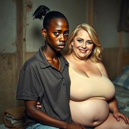 In a poor room, a young African woman, who is short, malnourished, and 20 years old with very dark skin and an angry expression, is wearing a loose men's gangster polo shirt