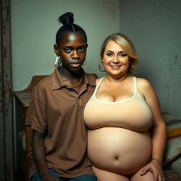 In a poor room, a young African woman, who is short, malnourished, and 20 years old with very dark skin and an angry expression, is wearing a loose men's gangster polo shirt