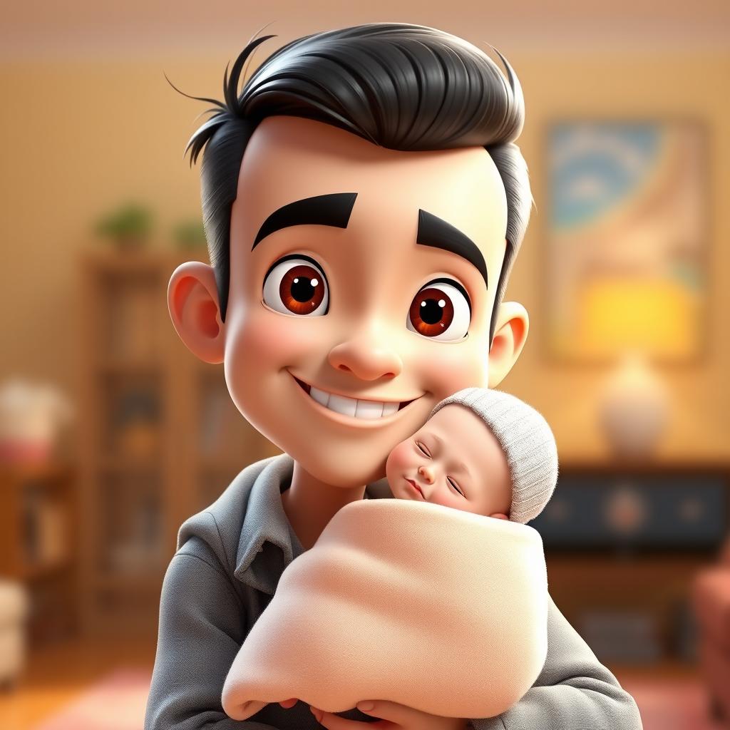 A highly detailed and cute 3D caricature in Pixar style of a 30-year-old man with slicked-back hair, expressive large eyes, and a warm friendly smile