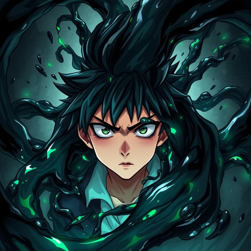 An intense and gripping scene depicting an anime boy being consumed by a dark, swirling mass of venomous substance