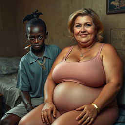 In a poor room, a young African woman, very short, malnourished, and 20 years old with very dark skin and an angry expression, wearing a loose men's gangster polo shirt