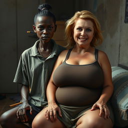 In a poor room, a young African woman, very short, malnourished, and 20 years old with very dark skin and an angry expression, wearing a loose men's gangster polo shirt