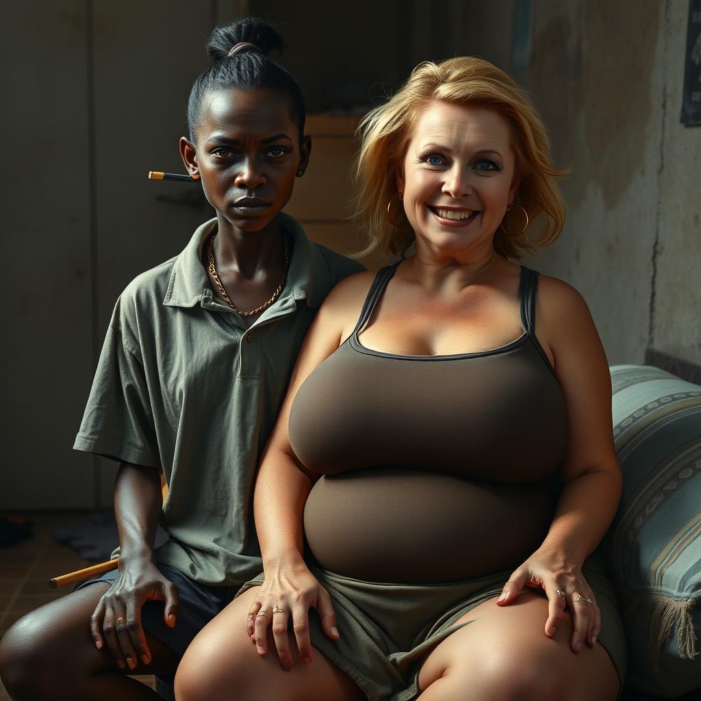 In a poor room, a young African woman, very short, malnourished, and 20 years old with very dark skin and an angry expression, wearing a loose men's gangster polo shirt