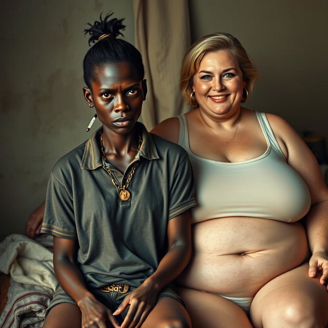 In a poor room, a young African woman, very short, malnourished, and 20 years old with very dark skin and an angry expression, wearing a loose men's gangster polo shirt