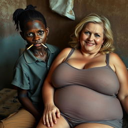 In a poor room, a young African woman, very short, malnourished, and 20 years old with very dark skin and an angry expression, wearing a loose men's gangster polo shirt