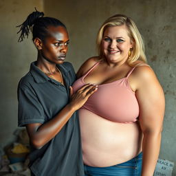 In a poor room, a young African woman, who is short, malnourished, and 20 years old with very dark skin and an angry expression, is wearing a loose men's gangster polo shirt
