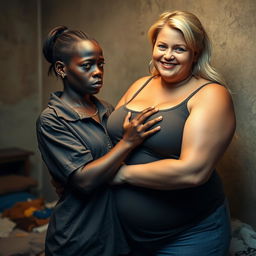 In a poor room, a young African woman, who is short, malnourished, and 20 years old with very dark skin and an angry expression, is wearing a loose men's gangster polo shirt