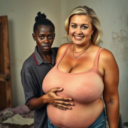 In a poor room, a young African woman, who is short, malnourished, and 20 years old with very dark skin and an angry expression, is wearing a loose men's gangster polo shirt