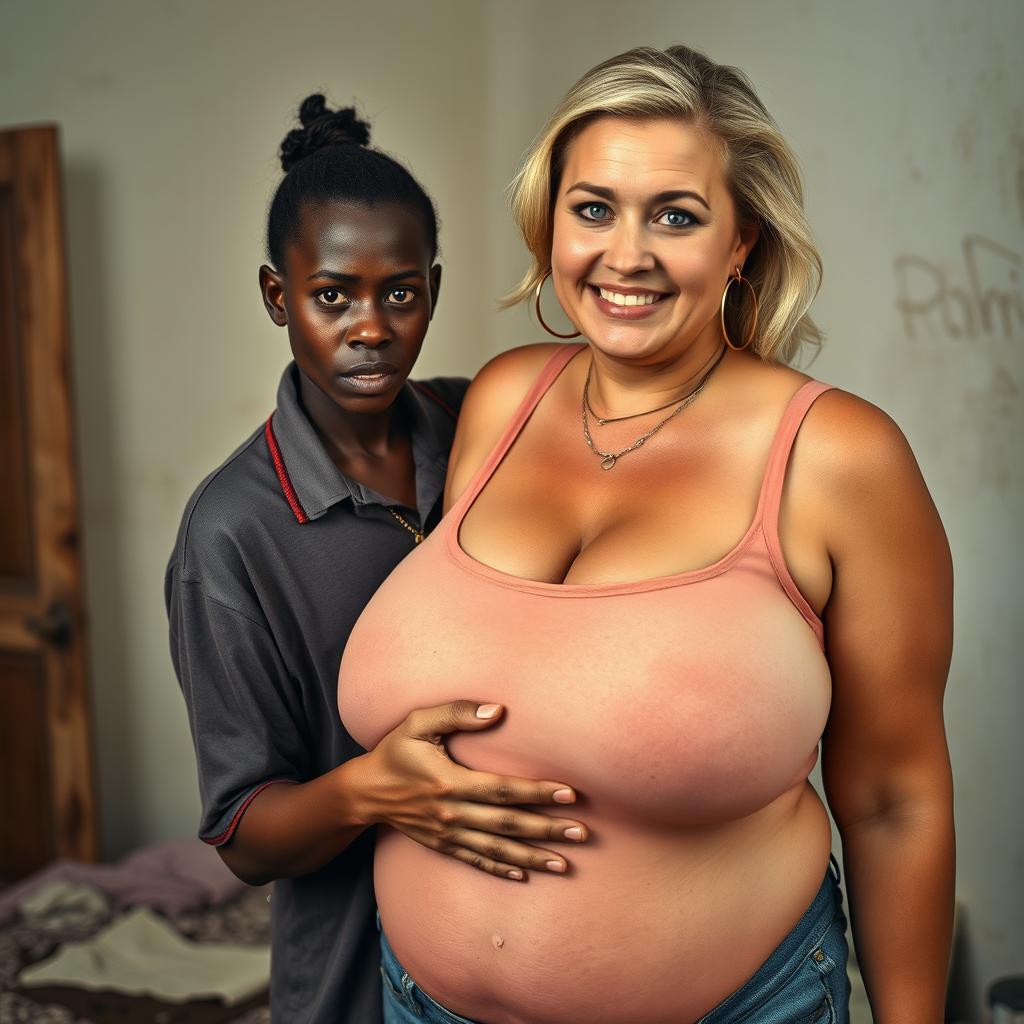 In a poor room, a young African woman, who is short, malnourished, and 20 years old with very dark skin and an angry expression, is wearing a loose men's gangster polo shirt