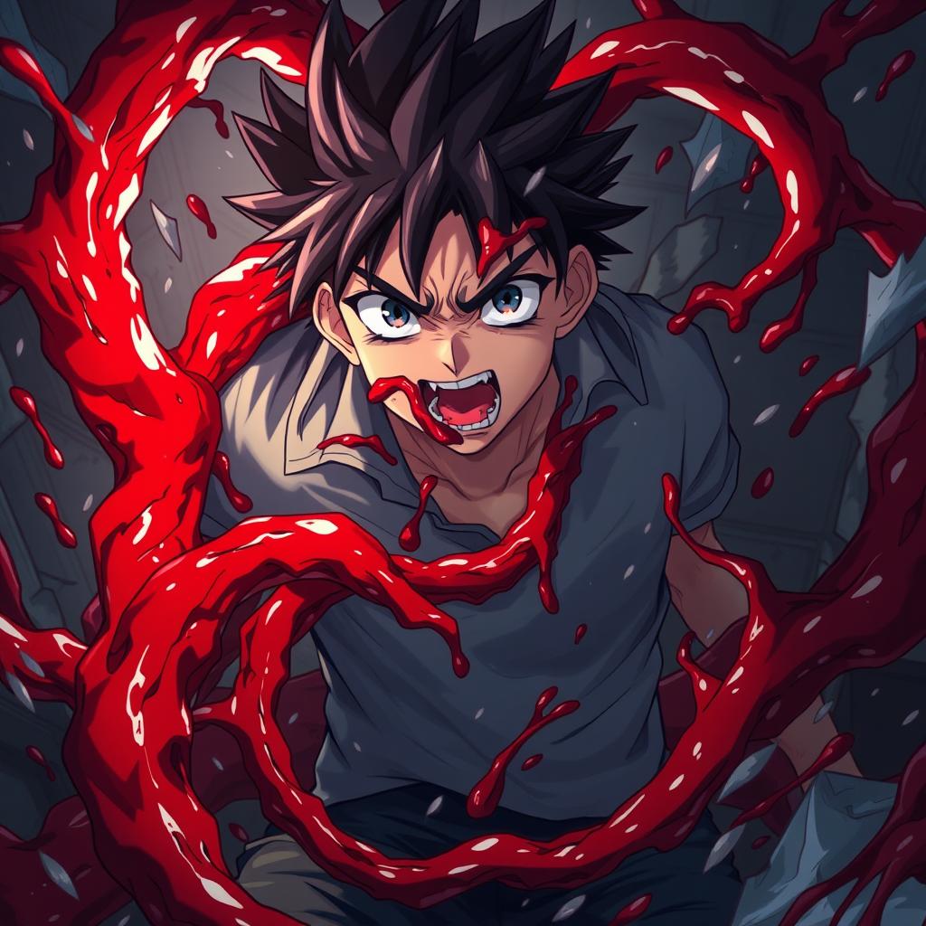 A dramatic full-body depiction of an anime boy being consumed by vibrant red venom