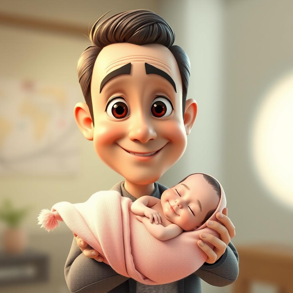 A highly detailed and cute 3D caricature in Pixar style featuring a 30-year-old man with slicked-back hair