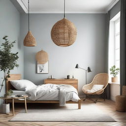 Upgraded Scandinavian styled bedroom with industrial teakwood furniture including a chair and table, now enhanced with a rattan light pendant