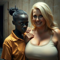 In a poor room, a young African woman, very short, malnourished, and 20 years old with very dark skin and an angry expression, is wearing a loose men's gangster polo shirt and a gold gangster chain