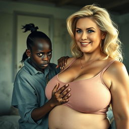 In a poor room, a young African woman, very short, malnourished, and 20 years old with very dark skin and an angry expression, is wearing a loose men's gangster polo shirt and a gold gangster chain