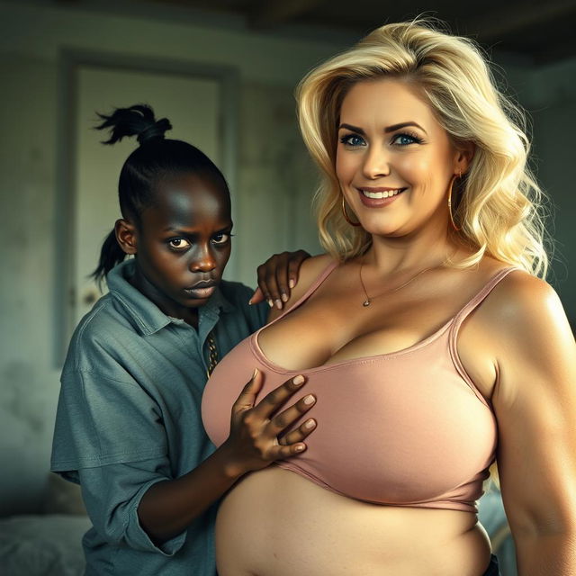 In a poor room, a young African woman, very short, malnourished, and 20 years old with very dark skin and an angry expression, is wearing a loose men's gangster polo shirt and a gold gangster chain