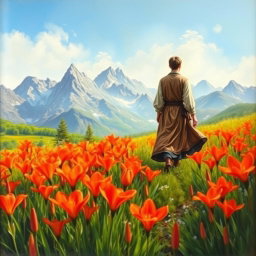 An artistic oil painting book cover featuring a vibrant field of fire lilies in full bloom, their bright red and orange petals creating a stunning foreground