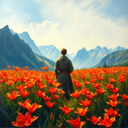 An artistic oil painting book cover featuring a vibrant field of fire lilies in full bloom, their bright red and orange petals creating a stunning foreground