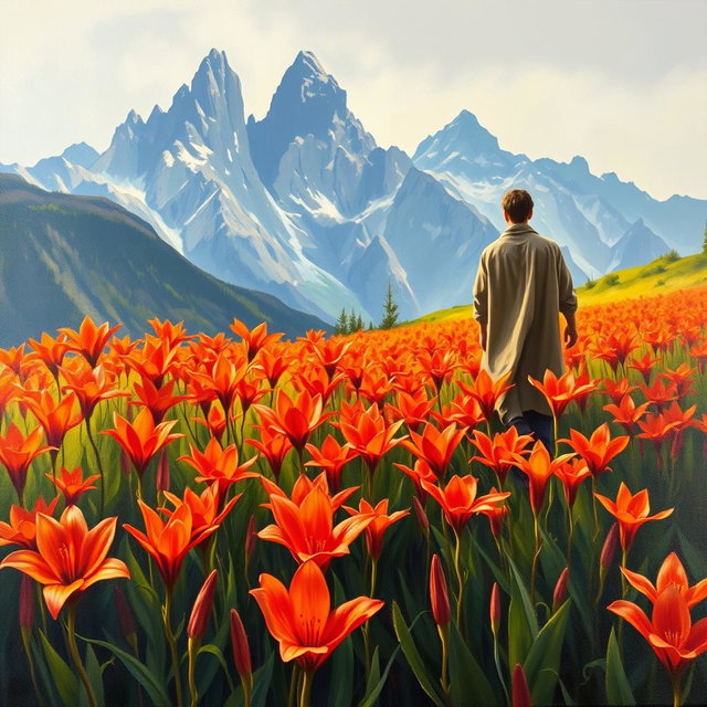 An artistic oil painting book cover featuring a vibrant field of fire lilies in full bloom, their bright red and orange petals creating a stunning foreground