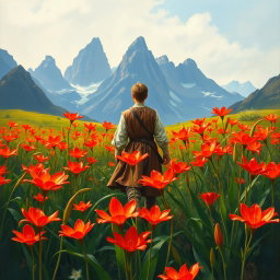 An artistic oil painting book cover featuring a vibrant field of fire lilies in full bloom, their bright red and orange petals creating a stunning foreground