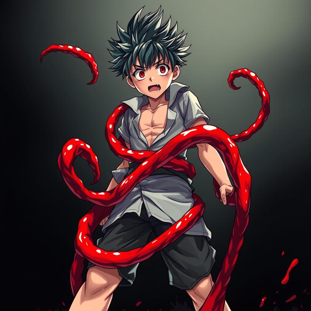 A striking full-body illustration of an anime boy being engulfed by bright red venom