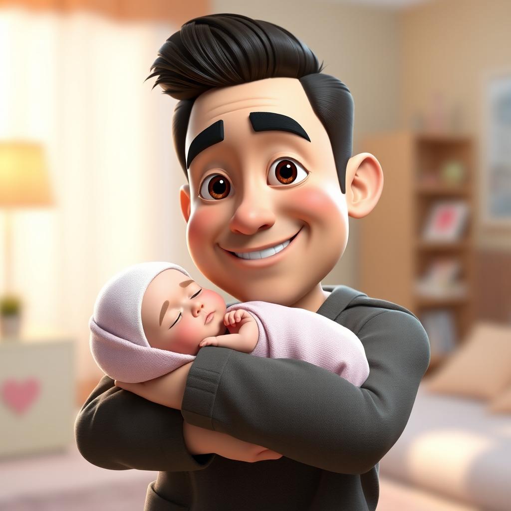 A highly detailed and cute 3D caricature in Pixar style featuring a 30-year-old man with slicked-back hair, expressive straight eyebrows, large eyes, and a warm smile