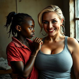 In a poor room, a young African woman, very short and malnourished, aged 20 with deep black skin, has an angry expression