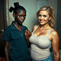 In a poor room, a young African woman, very short and malnourished, aged 20 with deep black skin, has an angry expression