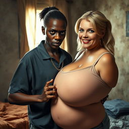 In a poor room, a young African woman, very short, malnourished, and 20 years old with deep black skin and an angry expression, is wearing a loose men's gangster polo shirt and a gold gangster chain