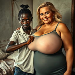 In a poor room, a young African woman, very short, malnourished, and 20 years old with deep black skin and an angry expression, is wearing a loose men's gangster polo shirt and a gold gangster chain