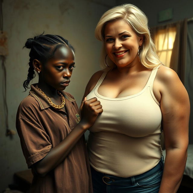 In a poor room, a young African woman, very short, malnourished, and 20 years old with deep black skin and an angry expression, is wearing a loose men's gangster polo shirt and a gold gangster chain