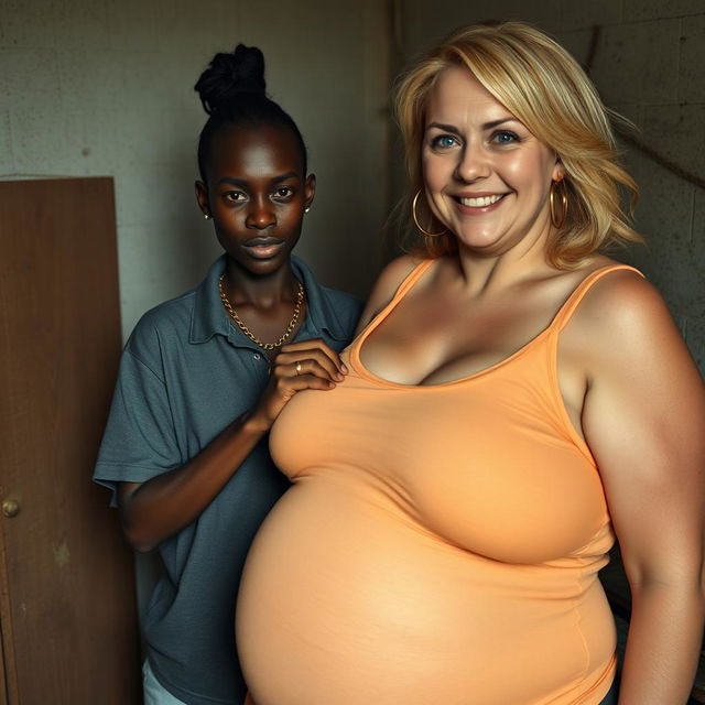 In a poor room, a young African woman, very short, malnourished, and 20 years old with deep black skin and an angry expression, is wearing a loose men's gangster polo shirt and a gold gangster chain