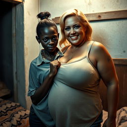 In a poor room, a young African woman, very short, malnourished, and 20 years old with deep black skin and an angry expression, is wearing a loose men's gangster polo shirt and a gold gangster chain