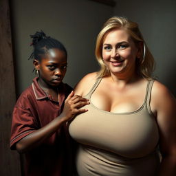 In a poor room, a young African woman, very short, malnourished, and 20 years old with deep black skin and an angry expression, is wearing a loose men's gangster polo shirt and a gold gangster chain