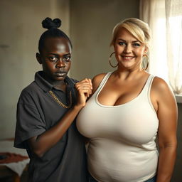 In a poor room, a young African woman, very short and malnourished, aged 20 with deep black skin and an angry expression, is wearing a loose men's gangster polo shirt and a gold gangster chain