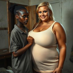 In a poor room, a young African woman, very short and malnourished, aged 20 with deep black skin and an angry expression, is wearing a loose men's gangster polo shirt and a gold gangster chain