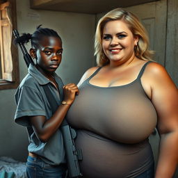 In a poor room, a young African woman, very short, malnourished, and 20 years old with deep black skin and an angry expression, is wearing a loose men's gangster polo shirt, a gold watch, and a gold gangster chain