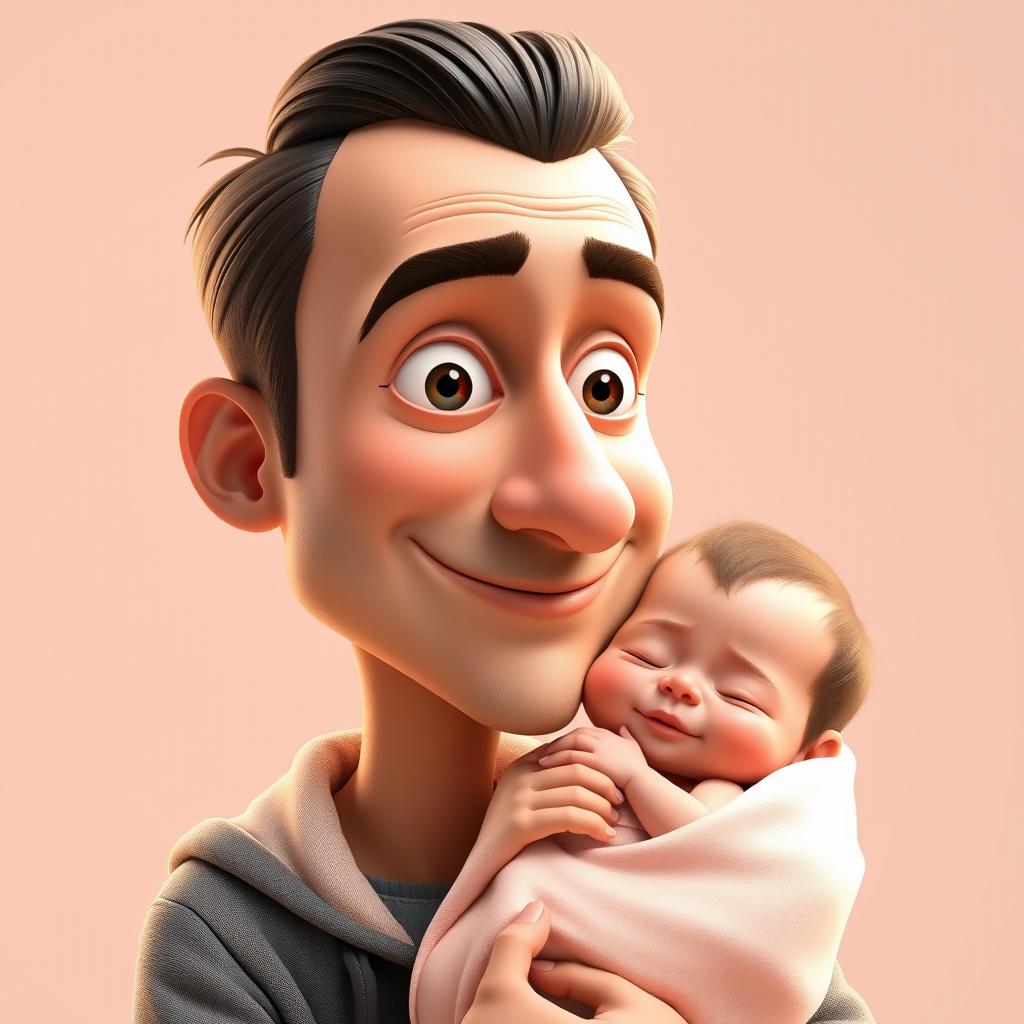 A highly detailed and humorous 3D Pixar-style caricature featuring a 30-year-old man with slicked-back hair, carrying a newborn boy