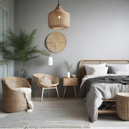 Upgraded Scandinavian styled bedroom with industrial teakwood furniture including a chair and table, now enhanced with a rattan light pendant