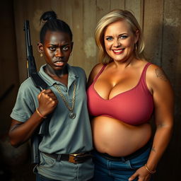 In a poor room, a very short and malnourished 20-year-old African woman with deep black skin and an angry expression is depicted